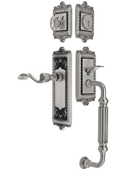 Windsor Entry Lock Set in Antique Pewter Finish with Right-Handed Portofino Lever and